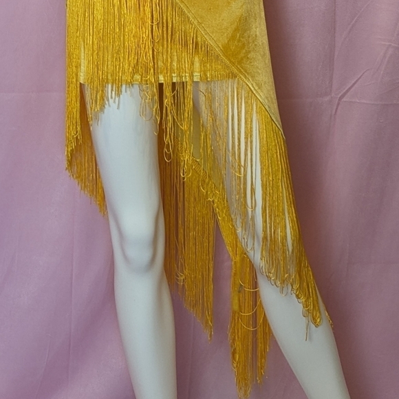 Golden Yellow Velvet One Shoulder Twist Front Fringe Hem Mini Dress size Large - Picture 3 of 9